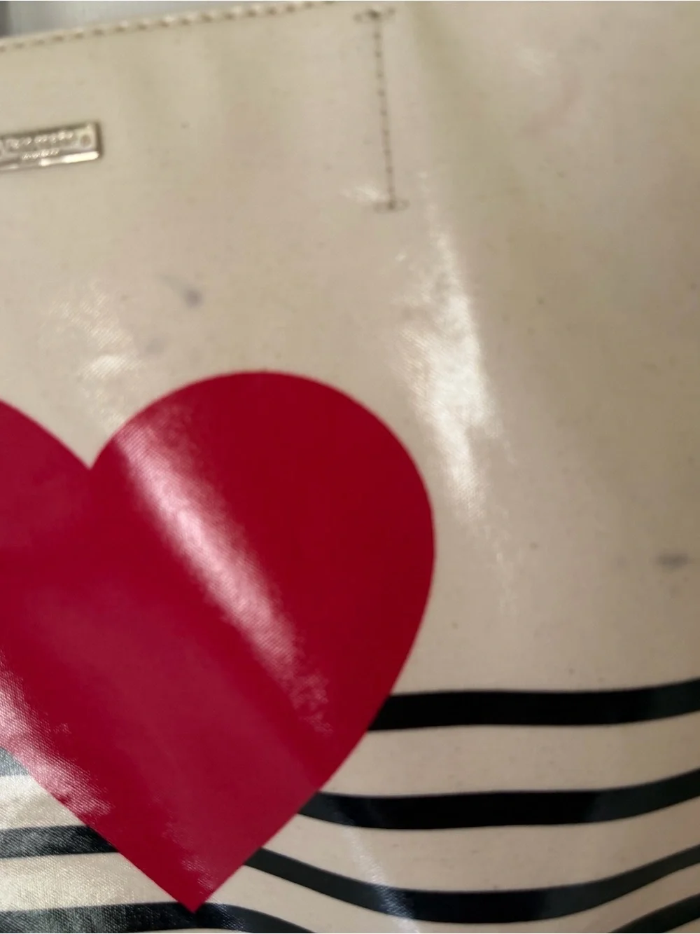 kate spade Cream Tote with Red Heart and Black Stripes